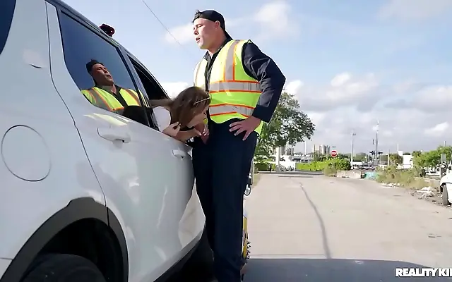 Blonde Teen in Skirt Sucks and Cums on Big Tits During Tow Truck Adventure