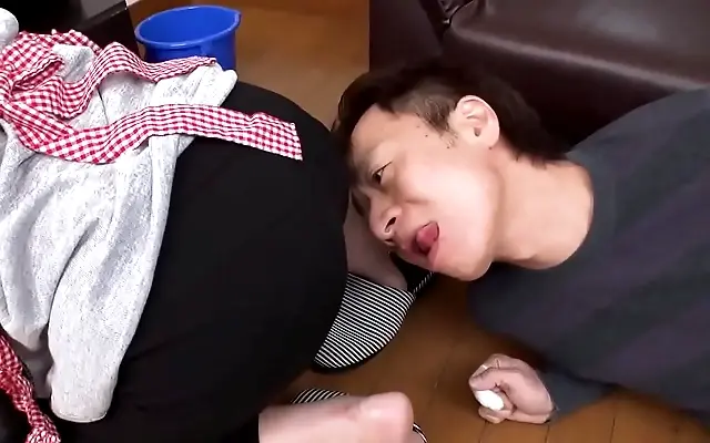 Big tit Japanese maid in tight pants seduces with handjob and creampie climax