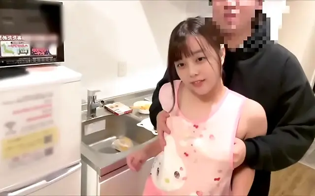 Japanese girlfriend's bare apron tease leads to steamy kitchen creampie