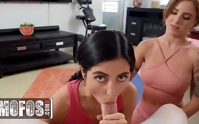 Theodora Day and Lumi Ray seduce their muscular trainer for a naughty workout session