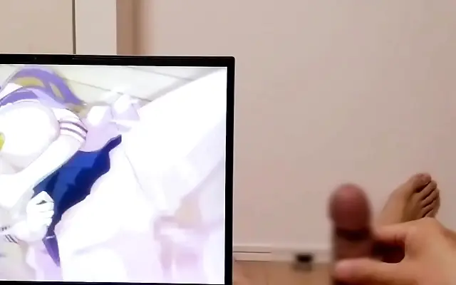 College anime fan cums to her favorite hentai clip