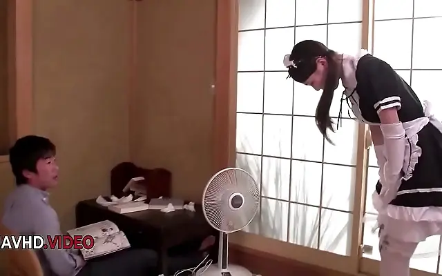 Steamy Japanese seductress in maid disguise takes on a passionate gangbang night